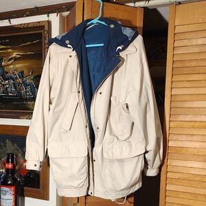 London Fog Cream Raincoat with Blue Hood